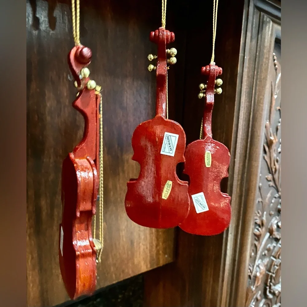 Midwest Vintage Wood Violin Set of 3 Holiday Christmas Ornaments